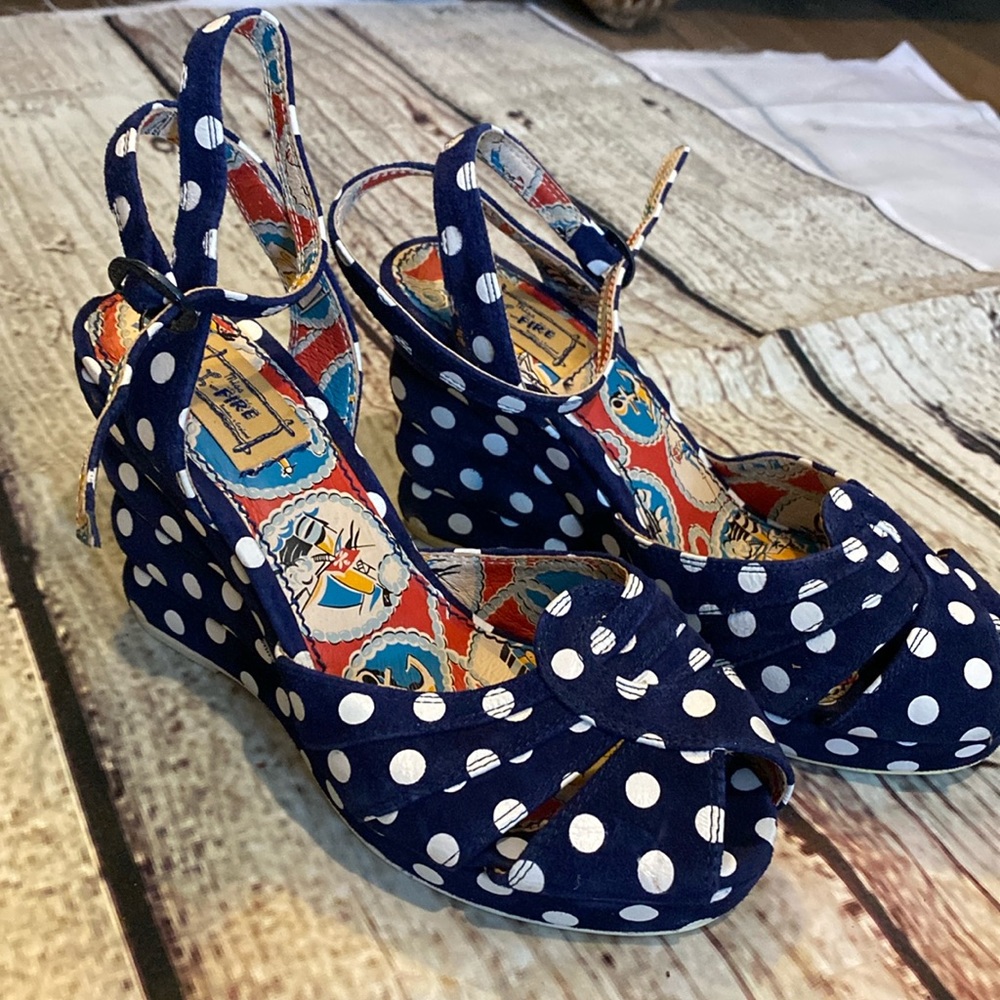 Miss L fire navy polka dot wedge heels.  Size 36